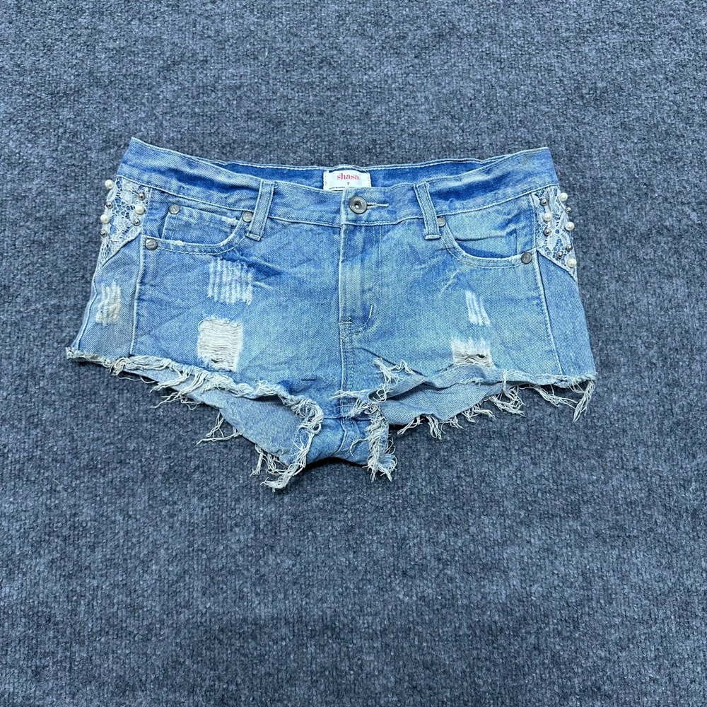 Shasa Denim Shorts Womens Size 7 Light Wash Distressed Pearl Lace Frayed Cut Off